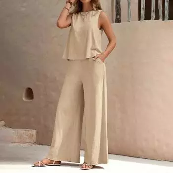 2 шт./комплект женский жилет брюки костюм круглый вырез без рукавов однотонный топ S жёлтый