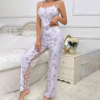 2 шт./комплект женский жилет брюки костюм бант сердечко принт без рукавов сборка кант топ сетчатые лоскутные брюки домашняя одежда одежда для сна наряд летняя одежда для отдыха S