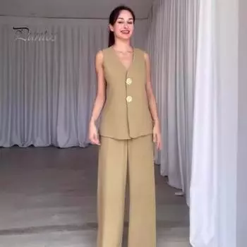 2 шт./комплект женский жилет брюки костюм V-образный вырез застегивается на пуговицы без рукавов топ широкие свободные брюки формальный деловой стиль пригородный наряд M хаки