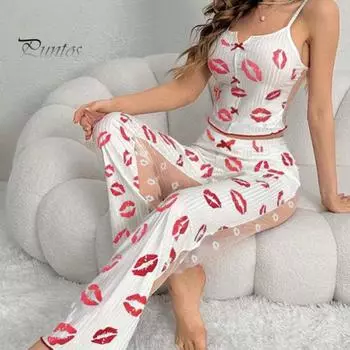 2 шт./комплект женский жилет брюки костюм бант сердечко принт без рукавов сборка кант топ сетчатые лоскутные брюки домашняя одежда одежда для сна наряд летняя одежда для отдыха M фиолетовый