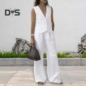 2 шт./комплект женский жилет брюки костюм глубокий V-образный вырез без рукавов однотонный топ высокая талия широкие брюки повседневный наряд OL офисная летняя одежда S темно-синий