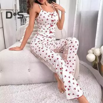 2 шт./комплект женский жилет брюки костюм бант сердечко принт без рукавов сборка кант топ сетчатые лоскутные брюки домашняя одежда одежда для сна наряд летняя одежда для отдыха S розовый