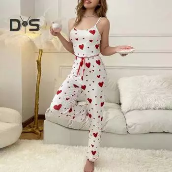 2 шт./комплект женский жилет брюки костюм бант сердечко принт без рукавов сборка кант топ брюки с высокой талией домашняя одежда одежда для отдыха летняя одежда для сна S красный/белый