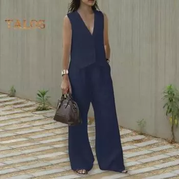 2 шт./комплект женский жилет брюки костюм глубокий V-образный вырез без рукавов однотонный топ высокая талия широкие брюки повседневный наряд OL офисная летняя одежда S белый