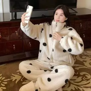 2 шт./комплект женский зимний пижамный костюм толстый флис застежка-молния горошек длинная M абрикосовый