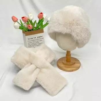 2 шт./комплект женский зимний шапка шарф комплект пушистый плюшевый утолщенный ветрозащитный теплоудерживающий крестообразный шейный платок однотонный купол искусственный мех Fi белый