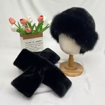 2 шт./комплект женский зимний шапка шарф комплект пушистый плюшевый утолщенный ветрозащитный теплоудерживающий крестообразный шейный платок однотонный купол искусственный мех Fi белый