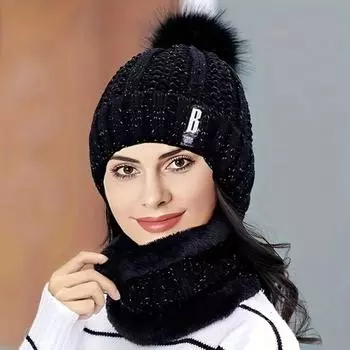 2 шт./комплект женский зимний шарф шапка комплект толстый вязаный теплый нескользящий эластичный ветрозащитный синий