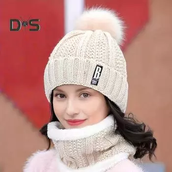 2 шт./комплект женский зимний шарф шапка комплект толстый вязаный теплый нескользящий эластичный ветрозащитный ухо защита помпон шапка зимняя на открытом воздухе для велоспорта катания на лыжах шея розовый