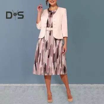 2 шт./комплект, женское элегантное платье-пальто больших размеров, с круглым вырезом, коротким рукавом, с принтом, однотонное двубортное платье-пальто с рукавом 3/4 5XL розовый