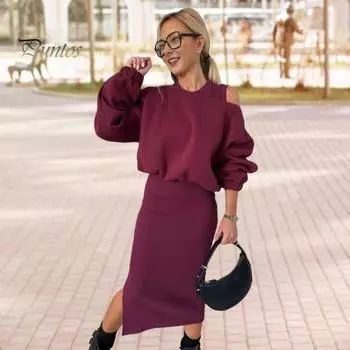 2 шт./комплект, женское платье-свитшот, круглый вырез, длинный рукав «летучая мышь», свободный топ, облегающее платье миди с разрезом, повседневный наряд для поездок на работу, плотный, осень-зима S чёрный