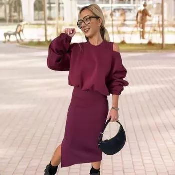 2 шт./комплект, женское платье-свитшот, круглый вырез, длинный рукав «летучая мышь», свободный топ, облегающее платье миди с разрезом, повседневная одежда для поездок на работу, плотная зимняя одежда S вино красного