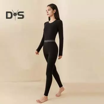 2 шт./комплект, женское зимнее термобелье с круглым вырезом и длинным рукавом, теплое, толстое, плюшевое, с защитой колена, сохраняющее тепло, эластичное, женская пижама, спортивный комплект L чёрный