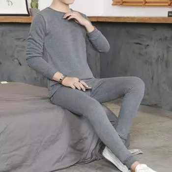 2 шт./комплект зимнее мужское термобелье комплект круглый вырез длинный рукав теплый толстый L чёрный