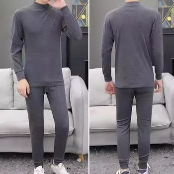 2 шт./комплект зимнее мужское термобелье комплект водолазка длинный рукав теплый толстый однотонный облегающий эластичный мужской пижамный комплект спортивный костюм верх XL темно-синий