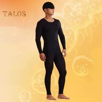 2 шт./комплект зимнее мужское термобелье комплект круглой горловины бесшовный длинный рукав теплый тонкий облегающий высокоэластичный пижамный комплект для холодной погоды домашняя одежда L чёрный