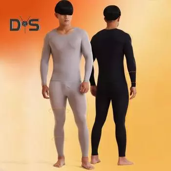 2 шт./комплект зимнее мужское термобелье комплект круглой горловины бесшовный длинный рукав теплый тонкий облегающий высокоэластичный пижамный комплект для холодной погоды домашняя одежда L чёрный