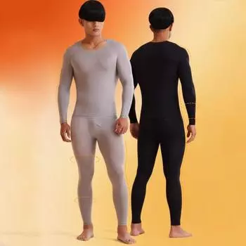 2 шт./комплект зимнее мужское термобелье комплект с круглым вырезом бесшовный длинный рукав теплый тонкий облегающий высокоэластичный пижамный комплект для холодной погоды домашняя одежда для сна L чёрный