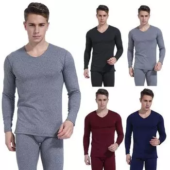 2 шт./комплект зимнее мужское термобелье комплект с V-образным вырезом на плюшевой подкладке бесшовный длинный рукав L чёрный