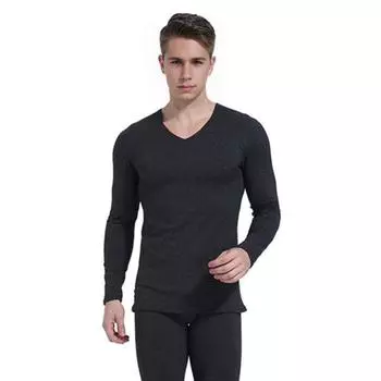 2 шт./комплект зимнее мужское термобелье комплект с V-образным вырезом на плюшевой подкладке бесшовный длинный рукав L чёрный