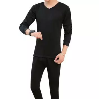2 шт./комплект зимнее мужское термобелье комплект с круглым вырезом и длинным рукавом теплый толстый плюшевый плюс размер облегающий эластичный открытый шаговый мужской пижамный комплект L чёрный