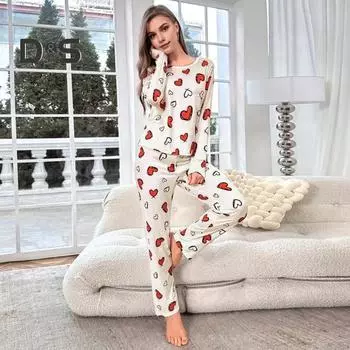 2 шт./комплект зимнее женское нижнее белье с принтом в виде сердца, круглый вырез, длинный рукав, высокая эластичность, осенне-весенняя пижама, комплект домашней одежды, одежда для сна M белый