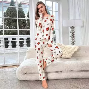 2 шт./комплект зимнее женское нижнее белье с принтом в виде сердца, круглый вырез, длинный рукав, высокая эластичность, осенне-весенняя пижама, комплект домашней одежды, одежда для сна S чёрный