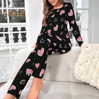 2 шт./комплект зимнее женское нижнее белье с принтом в виде сердца, круглый вырез, длинный рукав, высокая эластичность, осенне-весенняя пижама, комплект домашней одежды, одежда для сна L белый