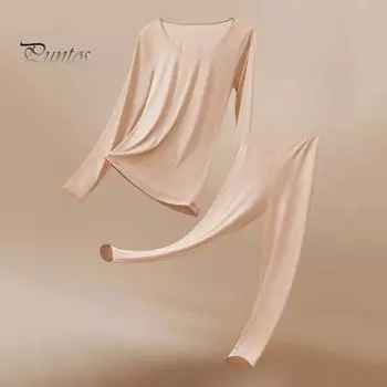 2 шт./комплект зимнее женское термобелье комплект круглой горловины бесшовный длинный рукав теплый тонкий облегающий высокоэластичный пижамный комплект для холодной погоды домашняя одежда XL