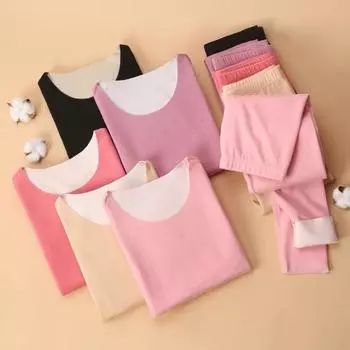 2 шт./комплект зимнее женское термобелье комплект круглый вырез бесшовный длинный рукав теплый XL телесный