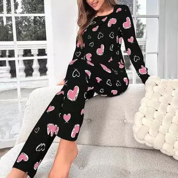 2 шт./комплект зимний женский комплект нижнего белья с принтом сердца круглый вырез длинный рукав S белый