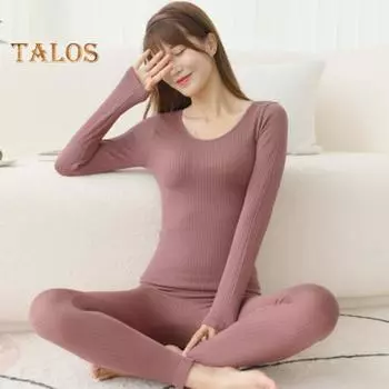 2 шт./комплект, зимний женский термобелье, бесшовный, с круглым вырезом и длинным рукавом, теплый, облегающий, высокоэластичный, для холодной погоды, пижамный комплект, домашняя одежда чёрный