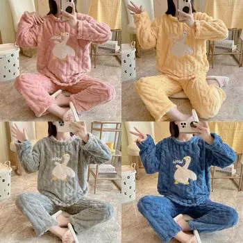 2 шт./комплект зимняя теплая пижама с круглым вырезом жаккардовая белая гусь студенческая домашняя одежда утепленная с рисунком с длинными рукавами длинные брюки M