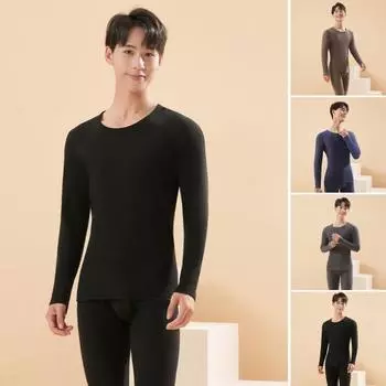 2 шт./комплект зимняя термоодежда комплект круглый вырез бесшовный длинный рукав теплый L чёрный