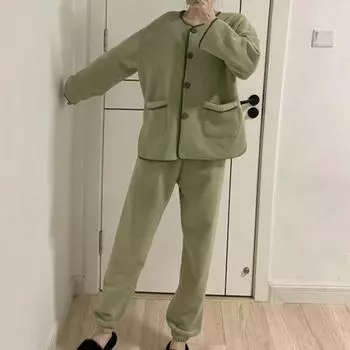 2 шт./комплект зимняя женская пижама костюм коралловый флис круглый вырез однобортный топ с длинным рукавом свободные брюки теплая пижама повседневная домашняя одежда одежда M розовый