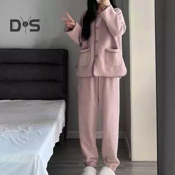 2 шт./комплект зимняя женская пижама костюм коралловый флис круглый вырез однобортный топ с длинным рукавом свободные брюки теплая пижама повседневная домашняя одежда одежда M зелёный