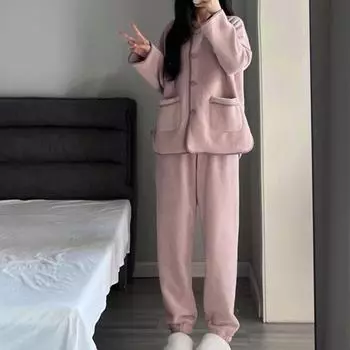 2 шт./комплект зимняя женская пижама костюм коралловый флис круглый вырез однобортный топ с длинным рукавом свободные брюки теплая пижама повседневная домашняя одежда одежда L бежевый