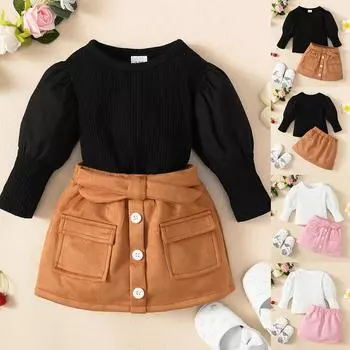 2 шт., комплекты одежды для новорожденных девочек с рюшами и длинными рукавами, верхняя пуговица, юбка, комплекты одежды