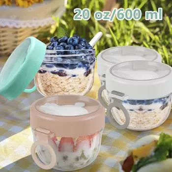 2 шт. контейнер для овса на ночь 20 унций/600 мл, чашки для завтрака на ходу с крышкой и складной ложкой, многоразовая банка для овса на ночь