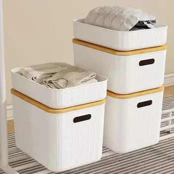 2 шт. Коробки-органайзеры Жесткие большой емкости с бамбуковой крышкой Пыленепроницаемые отверстия для ручек Косметические игрушки Ящик для хранения одежды и мелочей Штабелируемый настольный компьютер S зелёный