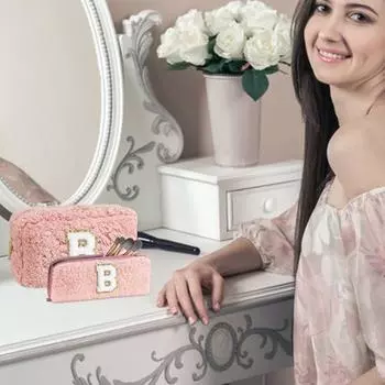 2 шт. косметичка из ткани из искусственной овечьей шерсти, мягкая на ощупь, легко носить с собой, портативная сумка для туалетных принадлежностей с двойной молнией V