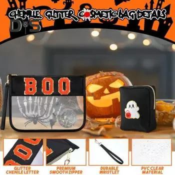 2 шт. косметички на Хэллоуин, косметичка с буквами Boo, на молнии, водонепроницаемая сумка для хранения тыквенных призраков, прозрачный мешочек-органайзер для девочек и женщин чёрный