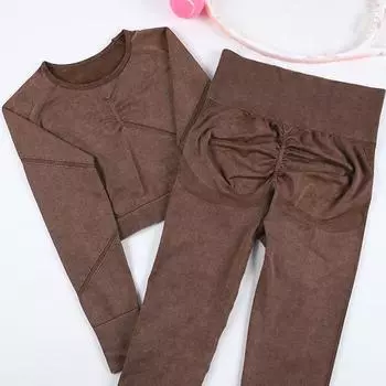 2 шт., костюм для йоги, бесшовный спортивный костюм, спортивный топ с подтяжкой ягодиц, спортивные колготки со складками, эластичная спортивная одежда S чёрный