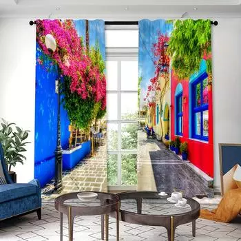 2 шт. Красивые шторы с изображением улицы, напечатанные на карнизе, для ресторанов, общественных мест, гостиных, спален, офисов, коридоров (50Wx50H)x2(CM)&Hook
