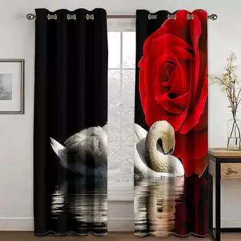 2 шт. красная роза, лебедь, береговая занавеска с принтом сердца, защита конфиденциальности, декор для гостиной, занавеска на день Святого Валентина, романтический креатив 100W130H(CM)40x51in&rod pocket