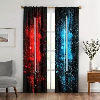 2 шт. красно-синих штор со световым мечом для мальчиков и девочек, классный декор для игровой комнаты, карманные шторы с узором «тай-дай» для окна спальни. 150x166cm