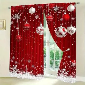 2 шт. Красные занавески на окна с рождественским узором для гостиной, праздничные рождественские шары, занавески для украшения вашего дома 2x50W130H(CM)40x51in&Hook