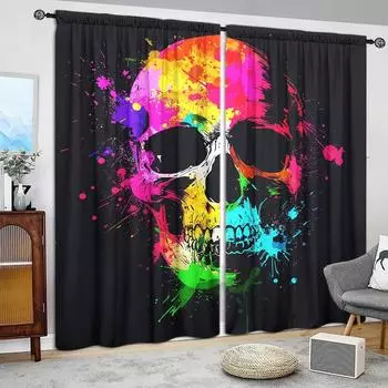 2 шт. красочные нарисованные занавески с принтом черепа для домашнего декора - карманные шторы для окон в спальню, офис, кухню, гостиную 52.5cmX116cmX2pcs
