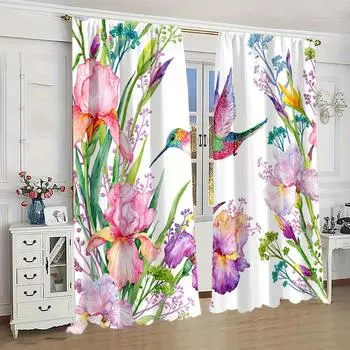 2 шт. Красочные принты колибри светофильтрующие шторы полупрозрачные занавески для уединения оконные шторы для спальни гостиной Milled cotton fabric&Grommet Top