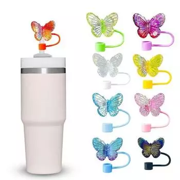 2 шт. Крышки для соломинок в виде бабочек 10 мм, многоразовые крышки для стаканов объемом 30/40 унций, экологически чистые аксессуары для чашек светло-синий